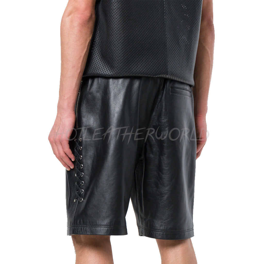 Lace-Up Sports Men Leather Shorts - Image 2