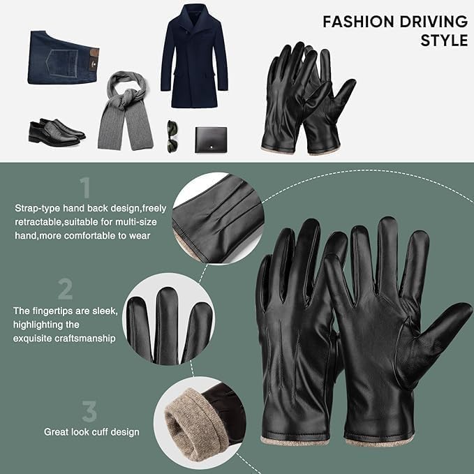 Alepo Winter PU Leather Gloves For Men, Warm Thermal Touchscreen Texting Typing Dress Driving Motorcycle Gloves Wool Lining - Image 36