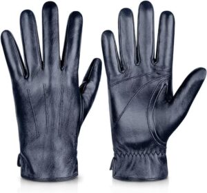 Alepo Genuine Sheepskin Leather Gloves For Men, Winter Warm Touchscreen Texting Cashmere Lined Driving Motorcycle Gloves (Navy-L)