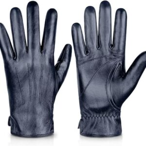 Alepo Genuine Sheepskin Leather Gloves For Men, Winter Warm Touchscreen Texting Cashmere Lined Driving Motorcycle Gloves (Navy-L)