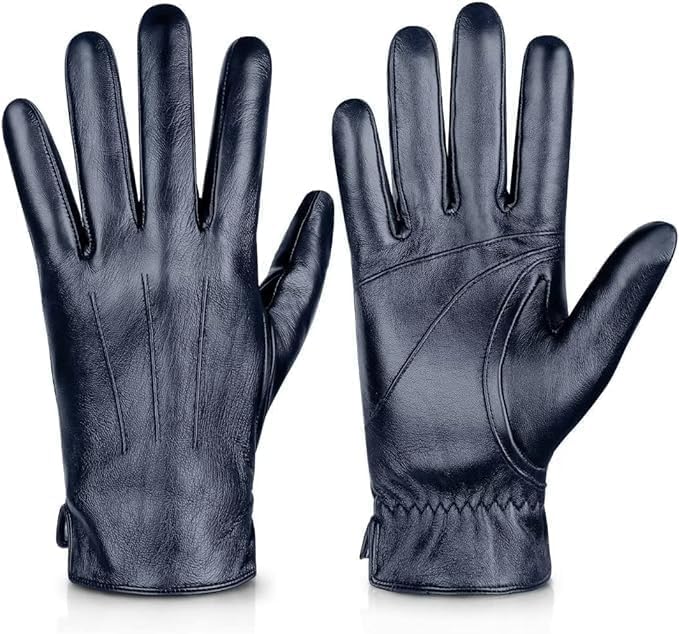 Alepo Genuine Sheepskin Leather Gloves For Men, Winter Warm Touchscreen Texting Cashmere Lined Driving Motorcycle Gloves (Navy-L)