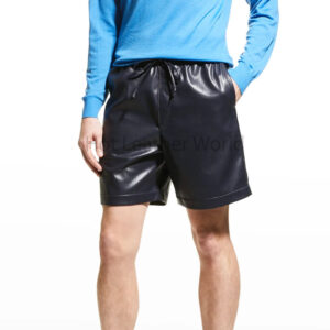 Navy Blue Elasticized Waist Side Slit Pockets Men Faux Leather Shorts