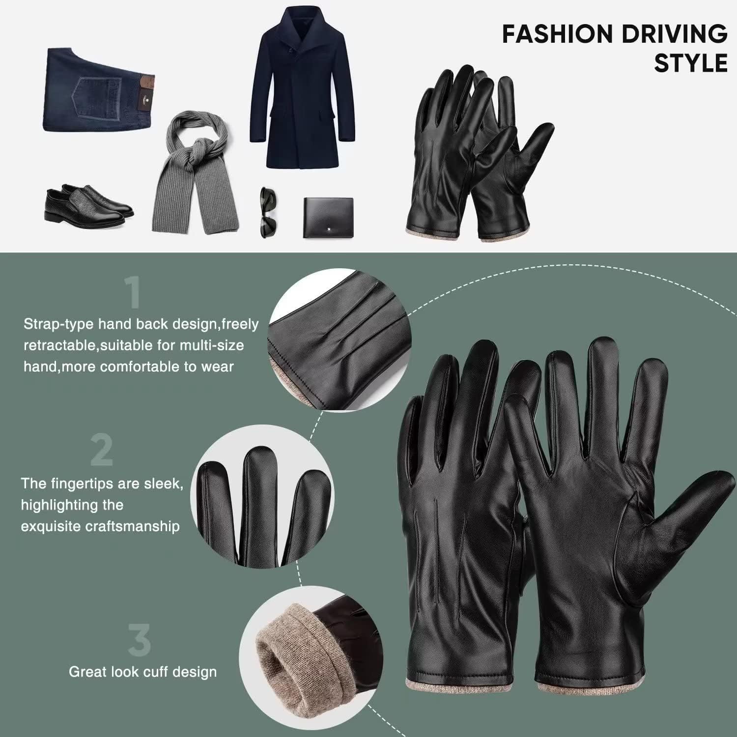 Alepo Winter PU Leather Gloves For Men, Warm Thermal Touchscreen Texting Typing Dress Driving Motorcycle Gloves Wool Lining - Image 17
