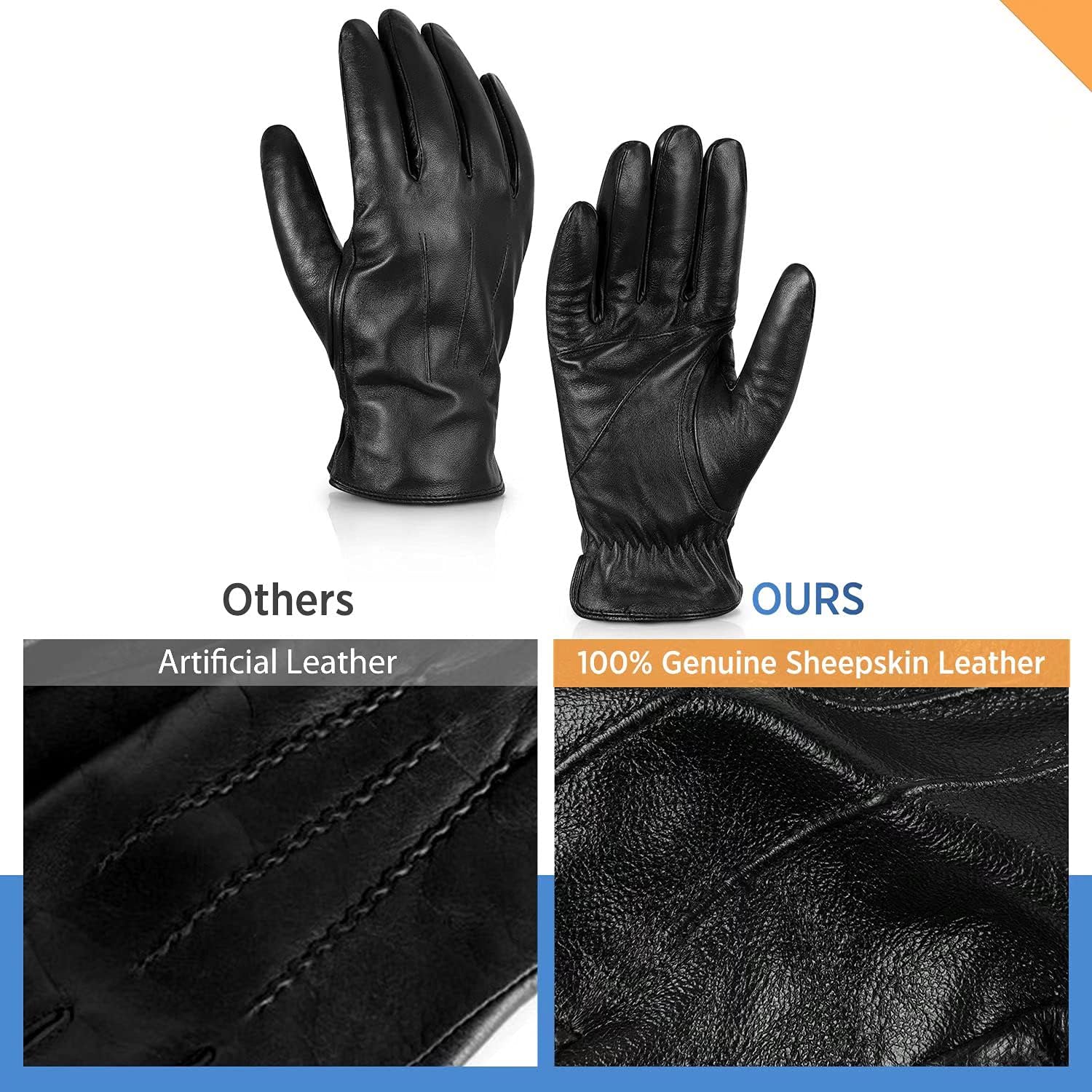Alepo Genuine Sheepskin Leather Gloves for Men, Winter Warm Touchscreen Texting Cashmere Lined Driving Motorcycle Gloves - Image 3