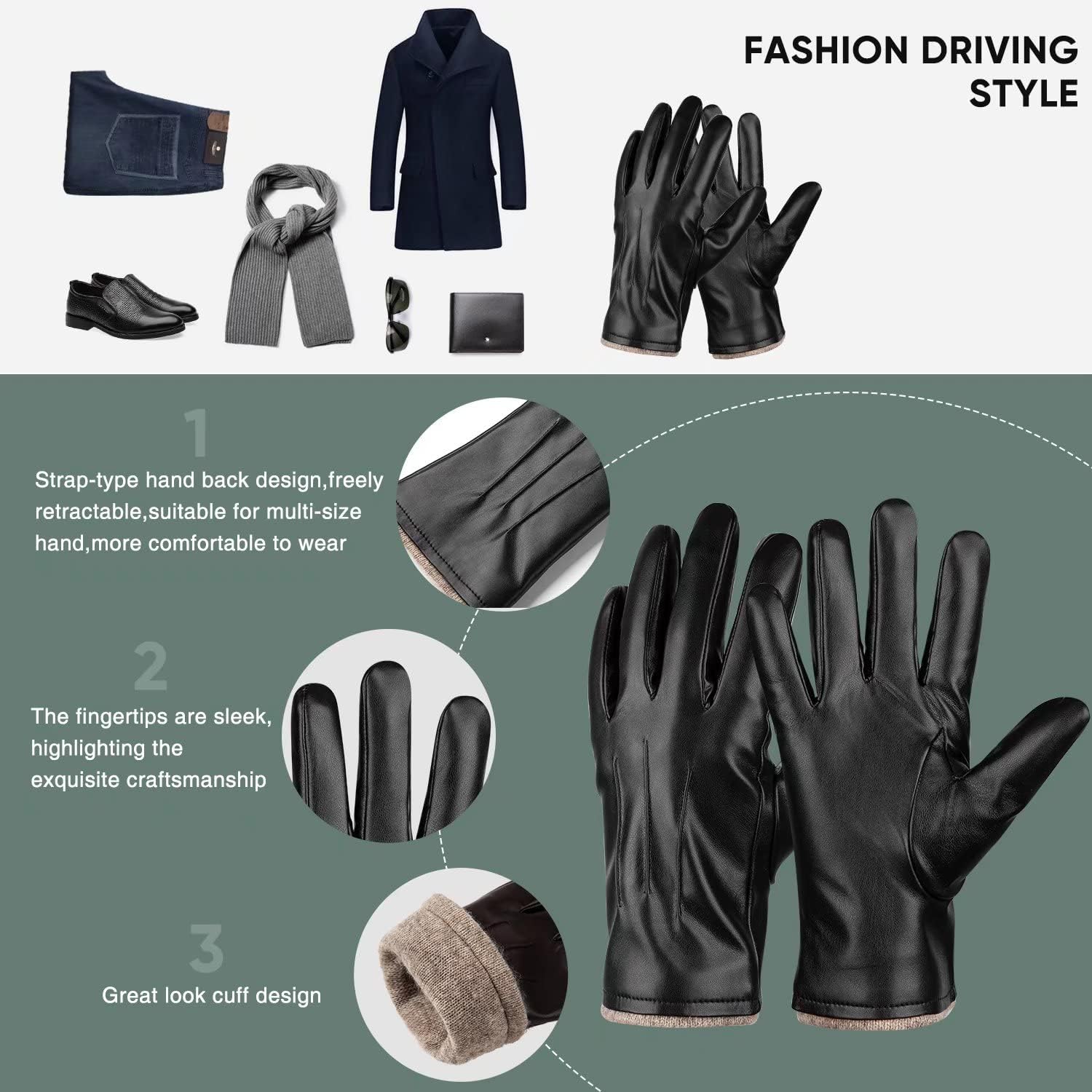 Alepo Winter PU Leather Gloves For Men, Warm Thermal Touchscreen Texting Typing Dress Driving Motorcycle Gloves With Wool Lining (Brown-XL) - Image 5