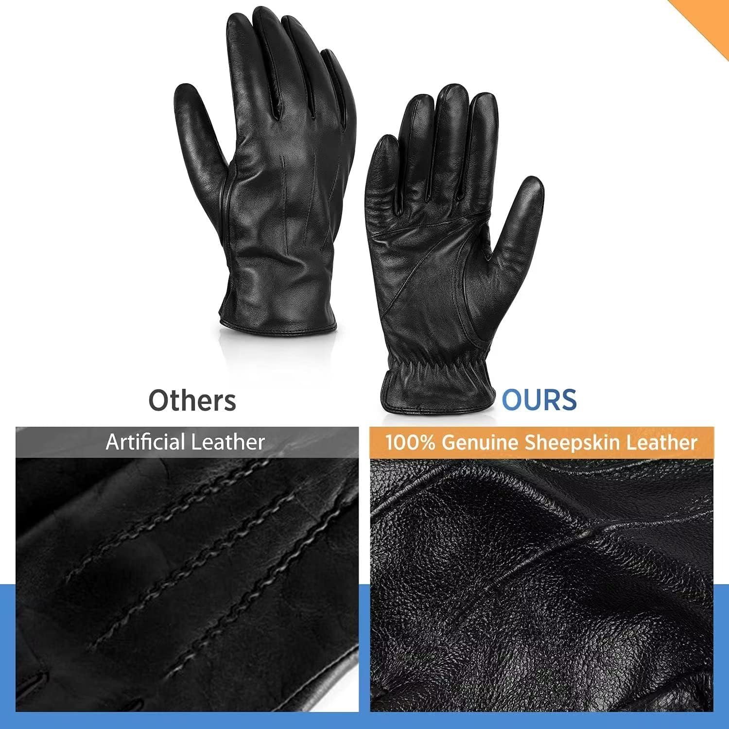 Alepo Genuine Sheepskin Leather Gloves for Men, Winter Warm Touchscreen Texting Cashmere Lined Driving Motorcycle Gloves - Image 21