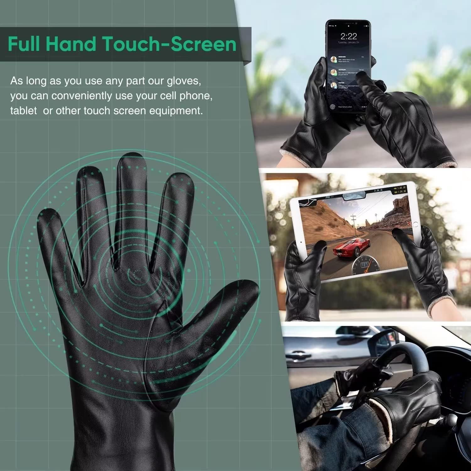 Alepo Winter PU Leather Gloves For Men, Warm Thermal Touchscreen Texting Typing Dress Driving Motorcycle Gloves Wool Lining - Image 15