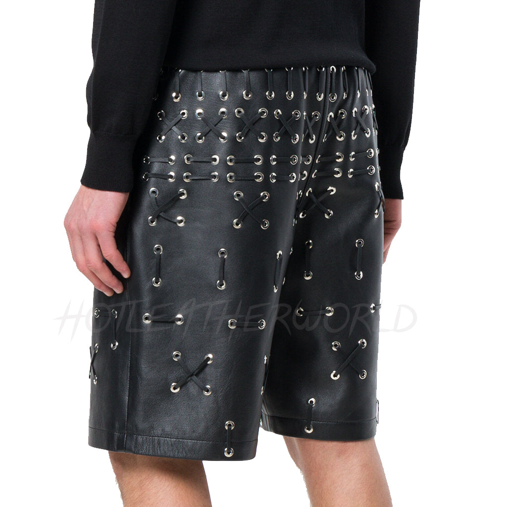 Lace Detail Men Leather Shorts - Image 2