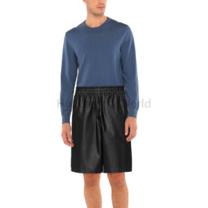 Cozy Black Elasticized Waist Men Genuine Leather Bermuda Shorts