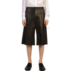 Black High-Class Drawstring Men Genuine Leather Bermuda Shorts